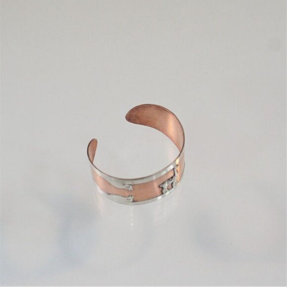 Cuff Bracelet Copper With 925 Sterling Silver Vintage Alpaca Llama And Birds - Picture 11 of 11